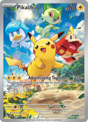 animal_focus artist_name blanco026 blue_eyes blue_sky bright_pupils card_(medium) cat character_name closed_mouth cloud company_name copyright_name copyright_notice day door english_text fangs flower fuecoco gen_1_pokemon house in-universe_location leaf midair nintendo no_humans nostrils official_art open_mouth outdoors path pikachu pokemon pokemon_(creature) pokemon_card pokemon_focus pokemon_sv pokemon_tcg quaxly red_eyes road sky smile sprigatito starter_pokemon_trio sun sunlight teeth third-party_source trading_card tree white_pupils window yellow_flower