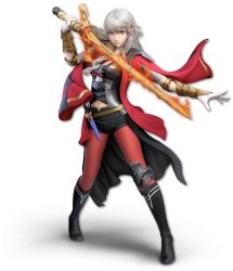 1girl 3d alternate_color artist_request black_boots black_shorts boots breasts female_byleth_(fire_emblem) cape closed_mouth coat dagger edelgard_von_hresvelg female_focus fire fire_emblem fire_emblem:_three_houses flaming_sword flaming_weapon full_body grey_jacket grey_shirt hand_up happy highres holding holding_sword holding_weapon jacket knee_brace knife long_hair long_sleeves looking_at_viewer medium_breasts midriff_peek navel nintendo official_art pantyhose purple_eyes red_coat sheath sheathed shirt short_shorts shorts silver_hair smile solo standing stomach super_smash_bros. sword sword_of_the_creator transparent_background trd_legwear vambraces weapon