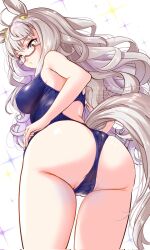 ahoge animal_ears ass back biwa_hayahide_(umamusume) breasts ear_ornament glasses hair_ornament highres horse_ears horse_girl horse_tail kakikakilemon large_breasts long_hair looking_at_viewer looking_back one-piece_swimsuit red-framed_eyewear simple_background sparkle_background swimsuit tail thigh_gap thighs umamusume white_background white_hair yellow_eyes
