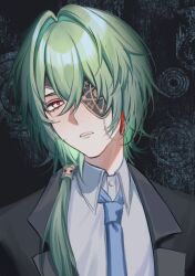 1boy absurdres anaxa_(honkai:_star_rail) aqua_hair black_jacket blue_necktie chain collared_shirt earrings enasuska eyepatch highres honkai:_star_rail honkai_(series) jacket jewelry male_focus necktie shirt side_ponytail single_earring solo teeth upper_body white_shirt