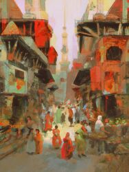 6+others alley city dark-skinned_female dark-skinned_male dark_skin display dkaism dress faceless fruit_basket hat hood hood_up market_stall multiple_others original painterly red_dress red_hood scenery sun_hat table walking white_dress window window_shopping