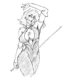 1girl armband breasts choker cleavage cleavage_cutout clothing_cutout cutie_honey cutie_honey_(character) gloves greyscale heart heart_choker kubo_tite_(style) large_breasts looking_at_viewer magical_girl monochrome open_mouth rakusakugk short_hair simple_background solo sword weapon white_background