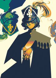 1girl blending closed_mouth hat hat_feather highres limited_palette ling_(chaaaaanhikari) looking_at_viewer military_hat mole mole_under_eye multiple_views own_hands_together recoleta_(reverse:1999) reverse:1999 sash short_hair shoulder_sash upper_body upside-down yellow_background