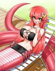 1girl artist_name bikini black_bikini blush breast_press breasts day dot_nose embarrassed eyebrows eyelashes fang female_focus full_body hands_up huge_breasts lamia long_hair looking_at_viewer lukari lying miia_(monster_musume) monster_girl monster_musume_no_iru_nichijou navel on_back open_mouth outdoors pointy_ears red_hair red_scales scales slit_pupils smile snake snake_girl solo swimsuit tail yellow_eyes