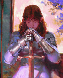1girl absurdres armor artist_name blurry breastplate brown_hair closed_eyes closed_mouth facing_viewer film_grain gauntlets highres holding holding_sword holding_weapon indoors knight lips long_hair nose original own_hands_together painterly raja_nandepu realistic shoulder_armor solo swept_bangs sword upper_body weapon window