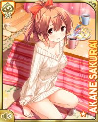 1girl barefoot bedroom bottomless brown_eyes brown_hair card_(medium) girlfriend_(kari) hair_ornament indoors kneeling looking_at_viewer nervous official_art open_mouth ponytail qp:flapper sakurai_akane_(girlfriend_(kari)) sweater upset white_sweater
