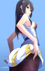 Rule 34 | 1girl, alternate costume, ass, black hair, black pantyhose, blue background, blush, breasts, brown hair, brown pantyhose, cheerleader, closed mouth, commentary request, dated, gradient background, hibike! euphonium, highres, kousaka reina, long hair, looking at viewer, marching band, medium breasts, nii manabu, pantyhose, parted lips, pleated skirt, purple eyes, shirt, signature, skirt, sleeveless, sleeveless shirt, solo, thighband pantyhose, thighhighs, thighs, two-tone skirt, white skirt, yellow skirt