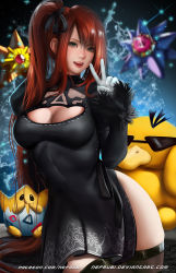 1girl bad_id bad_pixiv_id black_dress blurry blurry_background breasts brown_hair cleavage cleavage_cutout clothing_cutout cosplay creatures_(company) dat_ass_(meme) dress feather-trimmed_sleeves game_freak gen_1_pokemon gen_2_pokemon gloves green_eyes hair_ribbon large_breasts long_hair long_sleeves looking_at_viewer meme misty_(pokemon) nefrubi nier_(series) nier:automata nintendo open_mouth patreon_username pokemon psyduck ribbon side_ponytail starmie staryu thighhighs togepi v water watermark web_address white_gloves 2b_(nier:automata) 2b_(nier:automata)_(cosplay)