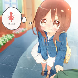 Rule 34 | 1boy, 1girl, 22m, bag, blue jacket, blue legwear, blush, brown eyes, brown footwear, brown hair, closed mouth, collarbone, door, dress, embarrassed, english text, flower, full body, have to pee, jacket, long hair, long sleeves, looking at viewer, matching hair/eyes, original, outdoors, pov, shoes, socks, solo focus, speech bubble, standing, sweat, tears, thought bubble, wavy mouth, white dress, white flower, window