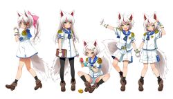 Rule 34 | 5girls, ahoge, akane (harapeko yousai), animal ears, belt buckle, black pantyhose, black socks, blue sailor collar, book, book hair ornament, brown footwear, buckle, crescent, crescent hair ornament, dress, epaulettes, erika (harapeko yousai), fingerless gloves, food-themed hair ornament, fox girl, fruit hair ornament, gloves, haga yui, hair ornament, hair ribbon, harapeko yousai wa isekai de dai senkan ga tsukuritai: world of sandbox, holding, holding book, holding hands, ichigo (harapeko yousai), long hair, multicolored hair, multiple girls, necktie, official art, olive (harapeko yousai), on floor, pantyhose, ponytail, puzzle, ribbon, sailor collar, second-party source, shirt, short hair, shorts, single hair streak, sitting, socks, star (symbol), star hair ornament, strawberry hair ornament, streaked hair, tail, utsugi (harapeko yousai), white background, white dress, white shirt, white shorts