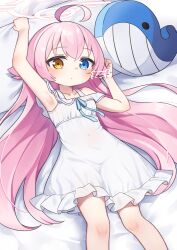1girl ahoge artist_name bed_sheet blue_archive blue_eyes closed_mouth commentary_request dress feet_out_of_frame frilled_dress frills halo heterochromia highres hoshino_(blue_archive) kokone_(coconeeeco) long_hair lying on_back paid_reward_available pink_hair pink_halo signature solo white_dress yellow_eyes