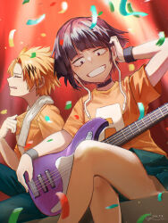 1boy 1girl absurdres audio_jack black_choker black_hair blonde_hair blush boku_no_hero_academia choker closed_eyes commentary confetti crossed_legs dated green_pants green_skirt grin guitar hand_on_own_head highres holding holding_guitar holding_instrument hot indoors instrument jiro_kyoka kaminari_denki maghag6 on_floor orange_shirt pants shirt short_hair skirt smile sweat teeth towel towel_around_neck