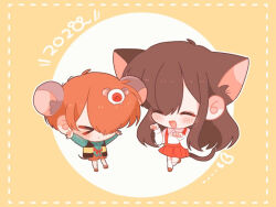 &gt;_&lt; 1boy 1girl animal_ears apukoma brown_hair cat_ears cat_girl cat_tail chibi chibi_only closed_eyes gegege_no_kitarou green_shirt hair_over_one_eye hakaba_kitarou kitarou long_sleeves medama_oyaji mouse_boy mouse_ears mouse_tail neko_(hakaba_kitarou) paw_pose red_footwear red_skirt sandals shirt short_hair skirt socks striped_clothes striped_vest suspenders tail vest white_shirt white_socks