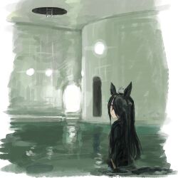 Rule 34 | 1girl, 4me 4ma, ahoge, animal ears, backrooms (creepypasta), black coat, closed mouth, coat, doorway, ear tag, earrings, grey hair, hair over one eye, highres, horse ears, horse girl, horse tail, jewelry, ladder, long bangs, long hair, long sleeves, looking at viewer, manhattan cafe (umamusume), multicolored hair, partially submerged, pool, single earring, smile, solo, tail, tile wall, tiles, umamusume, very long hair, yellow eyes