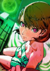 Rule 34 | 1girl, absurdres, bath, breasts, brown hair, cleavage, earrings, full moon, hand grab, heart, heart-shaped pupils, highres, jewelry, looking at viewer, looking down, moon, naked towel, oeilvert fft, persona, persona 3, pov, stud earrings, sweat, symbol-shaped pupils, takeba yukari, thighs, towel, towel around waist