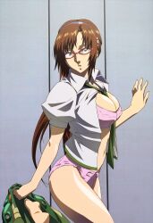 1girl blush bra breasts brown_hair caught cleavage constricted_pupils feet glasses highres large_breasts legs lingerie long_hair looking_at_viewer makinami_mari_illustrious navel necktie neon_genesis_evangelion open_clothes open_shirt panties pink_bra pink_panties rebuild_of_evangelion school_uniform surprised thighs underwear undressing walking wide_sleeves yabusame