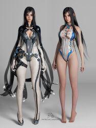 1girl 3d billyhhyb black_hair blue_eyes bodysuit breasts center_cross_lace choker cleavage commentary company_connection covered_navel cross-laced_clothes cross-laced_one-piece_swimsuit dual_persona goddess_of_victory:_nikke grey_bodysuit highleg highleg_one-piece_swimsuit highres large_breasts lips long_hair looking_at_viewer midsummer_alice_(stellar_blade) nose one-piece_swimsuit parted_lips patreon_username photorealistic raven_(midsummer_alice)_(nikke) raven_(stellar_blade) raven_suit_(stellar_blade) realistic see-through_clothes see-through_one-piece_swimsuit shift_up signature silver_bodysuit skindentation stellar_blade swimsuit two-tone_bodysuit very_long_hair white_choker white_one-piece_swimsuit