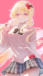 Rule 34 | 1girl, absurdres, black skirt, blonde hair, bow, bowtie, character request, check copyright, closed mouth, collared shirt, copyright request, cowboy shot, flower, hair flower, hair ornament, hand up, highres, imblossoms, long hair, looking at viewer, miniskirt, original, pink eyes, pink sweater, plaid clothes, plaid skirt, pleated skirt, school uniform, shirt, skirt, smile, solo, sweater, undershirt, v, very long hair