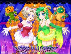 2girls aged_up blue_eyes breasts cape cleavage closed_mouth detached_sleeves dissidia_final_fantasy dress earrings final_fantasy final_fantasy_iv final_fantasy_vi gloves green_eyes green_hair hair_ornament halloween happy_halloween highres inaba_tomoe jewelry long_hair looking_at_viewer multiple_girls open_mouth pantyhose ponytail rydia_(ff4) sabotender smile thighhighs tina_branford tonberry