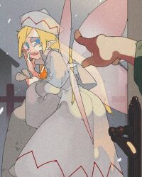 1boy 1girl bag blonde_hair blood blood_on_face blue_eyes bolos broken_tooth bruise bruised_eye christmas door dress fairy_wings hat injury lily_white long_hair night outdoors pointing pointing_at_another pointy_ears snowing tears touhou white_dress wings