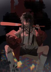 1girl absurdres alternate_costume alternate_universe bare_shoulders baseball_bat black_choker black_gloves black_hair black_shorts blurry blurry_foreground breasts chinese_commentary choker chromatic_aberration closed_mouth collarbone contemporary dao_gui_yi_xian dark eyelashes facial_mark fingerless_gloves frilled_shirt frills genderswap genderswap_(mtf) gloves hair_between_eyes hair_down hair_ornament hairclip highres holding holding_baseball_bat jacket jacket_partially_removed kneehighs leaf leg_warmers li_huowang long_hair long_sleeves looking_at_viewer medium_breasts off_shoulder open_clothes open_jacket plant red_eyes red_jacket shade shirt shorts single_glove sitting sleeveless sleeveless_shirt socks solo spread_legs star_(symbol) suibian59632 white_leg_warmers white_shirt