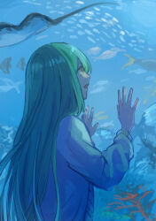Rule 34 | 1other, androgynous, aquarium, casual, commentary request, eel, enkidu (fate), fate/strange fake, fate (series), fish, from side, green hair, highres, himeko (nico6v6pachi), jacket, long hair, open mouth, other focus, smile, solo, upper body, very long hair, white jacket, yellow eyes