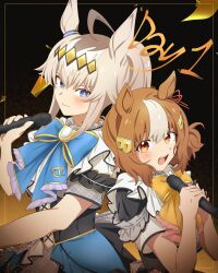 2girls ahoge animal_ears belno_light_(umamusume) black_dress blue_eyes blush bow bowtie brown_hair closed_mouth confetti corset dress ear_ribbon grey_hair hair_ornament highres long_hair looking_at_viewer microphone multicolored_hair multiple_girls oguri_cap_(umamusume) open_mouth orange_eyes ponytail short_hair short_sleeves smile streaked_hair trailblazer_bash!_(umamusume) umamusume umamusume:_cinderella_gray upper_body yangmal_(uma_red_sheep)