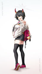 1girl absurdres black_hair black_necktie black_skirt black_thighhighs blue_archive breasts broken_horn bucho_sama cardigan collared_shirt gradient_horns halo highres horns large_breasts long_sleeves looking_at_viewer miniskirt mole mole_under_eye multicolored_horns necktie niya_(blue_archive) one_eye_closed open_mouth orange_horns pleated_skirt school_uniform shirt shoes short_hair skirt sneakers solo standing thighhighs unusually_open_eyes v white_cardigan white_halo white_shirt