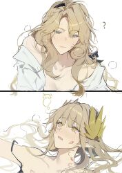 Rule 34 | 2girls, ?, @ @, animal ears, arknights, black hairband, blue eyes, blush, breasts, brown hair, cleavage, closed mouth, collarbone, commentary, corrupted twitter file, curtained hair, dog ears, dog girl, droopy ears, giving up the ghost, hair ornament, hairband, heavy breathing, highres, joshua (shisanli934), kristen (arknights), lipstick mark, lipstick mark on face, lipstick mark on neck, long hair, muelsyse (arknights), multiple girls, open mouth, pointy ears, shirt, simple background, single off shoulder, strap slip, sweat, symbol-only commentary, tears, white background, white shirt, yellow eyes, yuri