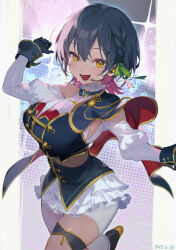 1girl ario black_gloves black_hair breasts clothing_cutout dated frilled_skirt frills gloves hair_between_eyes headset highres large_breasts light_blush looking_at_viewer medium_hair midriff mullet nijisanji nijisanji_idol_uniform shorts shoulder_cutout side_ponytail skirt smile solo sweat thigh_strap virtual_youtuber white_shorts yamagami_karuta yellow_eyes
