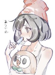Rule 34 | 1girl, bare shoulders, beanie, black hair, blush, c0smi5, food, gen 7 pokemon, grey eyes, grey tank top, hat, holding, holding food, holding popsicle, melting popsicle, nintendo, open mouth, pokemon, pokemon sm, popsicle, red hat, rowlet, selene (pokemon), shirt, short hair, simple background, sweat, sweatdrop, tank top, upper body