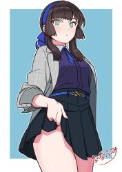 1girl absurdres alternate_costume belt black_hair black_skirt blue_belt blue_hairband blue_neckerchief blue_ribbon blue_shirt blunt_sidelocks breasts freckles fuminomino gakuen_idolmaster green_eyes hair_ribbon hairband highres idolmaster jacket kantai_collection looking_at_viewer medium_breasts miniskirt mogador_(kancolle) neckerchief open_clothes open_jacket plaid_clothes plaid_jacket pleated_skirt ribbon school_uniform shirt skirt solo