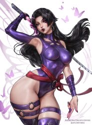 1girl animification aylisnyan bare_shoulders black_hair breasts curvy elbow_gloves gloves highleg highleg_leotard highres holding holding_sword holding_weapon jewelry large_breasts leotard long_hair looking_at_viewer marvel marvel_rivals psylocke psylocke_(vengeance) purple_eyes sash solo superhero_costume sword thighhighs weapon wide_hips x-men