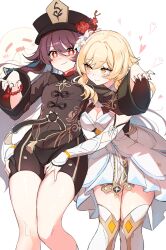 2girls bead_bracelet beads black_gloves black_hat black_nails black_shorts blonde_hair blush boo_tao_(genshin_impact) boots bracelet breasts brown_hair cleavage commentary detached_sleeves dress flower flower-shaped_pupils genshin_impact ghost gloves hair_between_eyes hair_flower hair_ornament hands_on_another&#039;s_thighs hat hat_flower heart highres hu_tao_(genshin_impact) jewelry long_hair long_sleeves lumine_(genshin_impact) medium_breasts multiple_girls multiple_rings nail_polish orange_eyes partially_fingerless_gloves red_eyes red_flower ring short_hair_with_long_locks shorts symbol-only_commentary symbol-shaped_pupils thigh_boots wai1010 wavy_mouth white_background white_dress white_flower yuri