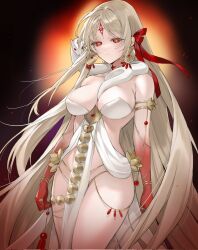 Rule 34 | 1girl, armlet, bare shoulders, belly chain, black sclera, body markings, bracelet, breasts, cleavage, colored sclera, colored skin, commentary, corrupted twitter file, durga (fate), durga (first ascension) (fate), earrings, facial mark, fate/grand order, fate (series), flower, forehead mark, gradient background, gradient skin, hair ribbon, highres, indian clothes, jewelry, large breasts, long hair, looking at viewer, lotus, ogye 01, pelvic curtain, red eyes, red ribbon, red skin, revealing clothes, ribbon, ring, snake, solo, symbol-only commentary, thighs, thumb ring, very long hair, white hair, white snake