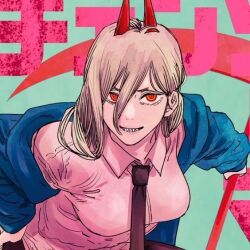 Rule 34 | 1girl, blonde hair, blue jacket, chainsaw man, collared shirt, cross-shaped pupils, fujimoto tatsuki, horns, jacket, necktie, pink shirt, power (chainsaw man), red eyes, scythe, sharp teeth, shirt, solo, symbol-shaped pupils, tagme, teeth