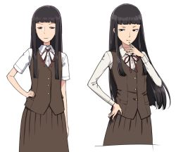 1girl black_hair blunt_bangs blunt_ends brown_vest reference_sheet concept_art multiple_expressions hime_cut long_hair long_skirt looking_at_viewer nerdy_girl&#039;s_story sidelocks simple_background skirt standing urin very_long_hair vest white_background