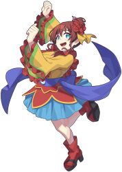 1girl arms_up blue_eyes boots emma_verde flower full_body hair_flower hair_ornament high_heel_boots high_heels long_sleeves looking_at_viewer love_live! love_live!_nijigasaki_high_school_idol_club love_live!_nijigasaki_high_school_idol_club_the_movie_-_finale open_mouth red_boots red_hair short_hair smile solo teeth transparent_background upper_teeth_only waste-man