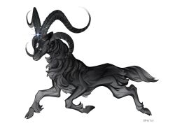 animal_focus black_fur black_horns from_side full_body goat goat_horns highres hooves horizontal_pupils horns no_humans original simple_background solo sparkle third_eye tianlang_fenghuo twitter_username white_background