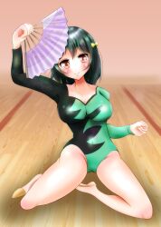 1girl absurdres breasts fan green_hair highleg highleg_leotard highres leotard love_live! love_live!_nijigasaki_high_school_idol_club medium_breasts mifune_shioriko multicolored_leotard solo two-tone_leotard