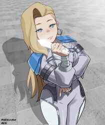 1girl artist_name blonde_hair blue_eyes bodysuit breasts dagger_(marvel) dated earrings highres jewelry large_breasts long_hair marvel marvel_rivals pencilkami shadow two-tone_bodysuit upper_body white_bodysuit