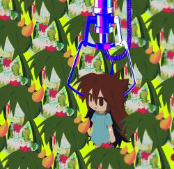 6+girls apron brown_eyes brown_hair clone commentary crane_game dress dual_persona english_commentary full_body gauze gauze_over_eye green_background green_dress green_hair highres hospital_gown long_hair low_twintails maid maid_apron multiple_girls original pixelated red_eyes satanmanse simple_background solo twintails very_long_hair