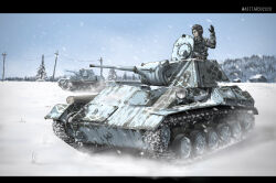 1boy artist_name coat green_coat highres konnpeto letterboxed military military_uniform military_vehicle motor_vehicle original snow snowing solo soviet_army t-70 tank vehicle_focus winter_clothes