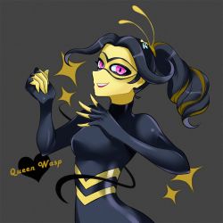 1girl black_hair breasts chloe_bourgeois colored_skin dark_persona domino_mask hair_ornament hairpin mask miraculous_ladybug multicolored_hair pink_eyes queen_wasp_(miraculous_ladybug) sparkle two-tone_hair yellow_skin