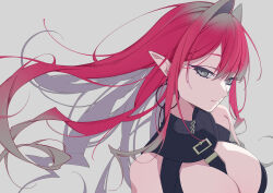 Rule 34 | 1girl, absurdres, baobhan sith (fate), baobhan sith (second ascension) (fate), bare shoulders, breasts, cleavage, earrings, fate/grand order, fate (series), grey eyes, hair intakes, highres, hoop earrings, jewelry, kafueore, large breasts, long hair, looking at viewer, pink hair, pointy ears, sidelocks, solo