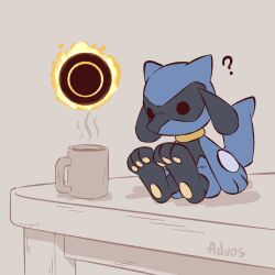 ? advos artist_name black_fur blue_fur coffee_mug cup gen_4_pokemon grey_background mug nintendo no_humans orb pawpads pokemon pokemon_(creature) riolu sitting solo table two-tone_fur