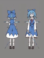 1girl ankle_socks blue_bow blue_dress blue_eyes blue_hair bolos bow brown_footwear cirno collared_shirt colored_skin commentary crystal_sword dot_nose dress drooling exhausted eyelashes fairy from_behind grey_background grey_skin hair_between_eyes hair_bow holding holding_sword holding_weapon ice ice_wings knees loafers long_sleeves medium_dress multiple_views neck_ribbon open_mouth pinafore_dress red_ribbon ribbon shirt shoes short_hair simple_background sleeveless sleeveless_dress socks standing straight-on sword touhou weapon white_shirt white_socks wings