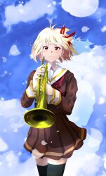 1girl absurdres black_thighhighs blonde_hair brown_shirt brown_skirt closed_mouth commentary_request cosplay falling_petals hair_ribbon hibike!_euphonium highres holding holding_instrument holding_trumpet instrument kitauji_high_school_uniform kousaka_reina kousaka_reina_(cosplay) long_hair looking_at_viewer lycoris_recoil neckerchief nishikigi_chisato one_side_up orange_eyes petals pleated_skirt red_neckerchief red_ribbon ribbon sailor_collar school_uniform sengoku_chidori shirt short_hair skirt solo thighhighs trumpet white_sailor_collar zettai_ryouiki