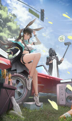 Rule 34 | 1girl, 1other, ?, ??, absurdres, amiya (arknights), animal ears, anklet, aqua bow, aqua bowtie, aqua eyes, arknights, arm up, bare shoulders, beer bottle, black coat, black gloves, black hat, black jacket, bottle, bow, bowtie, breasts, brown hair, car, cellphone, chinese commentary, cleavage, closed mouth, cloud, coat, commentary request, crop top, day, detached sleeves, doctor (arknights), ears through headwear, empty bottle, falling leaves, fingerless gloves, floating hair, from below, full body, gloves, grass, hair between eyes, halter shirt, halterneck, hand on headwear, hat, head tilt, headphones, highres, holding, holding stick, hood, hood up, hooded coat, jacket, jewelry, kal&#039;tsit (arknights), large breasts, leaf, legs, long hair, long sleeves, miguan pt, motor vehicle, on car, phone, pleated skirt, ponytail, rabbit ears, red car, road sign, selfie stick, shirt, shoes, sign, single fingerless glove, sitting, skirt, smartphone, smile, speaker, spoken character, standing, stick, thigh strap, thighs, traffic cone, traffic light, tree, two-sided fabric, two-sided jacket, very long hair, white shirt, white shoes, windshield