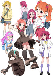 6+girls :d absurdres aida_mana aqua_eyes arched_bangs backpack bag blonde_hair bow bowtie brown_hair buttons commentary_request dokidoki!_precure double-breasted food-themed_hair_ornament hair_ornament hair_scrunchie hairband hairclip hand_on_own_hip hands_in_pockets highres hiji_rida hood hoodie hugtto!_precure inukai_iroha kagayaki_homare kirakira_precure_a_la_mode kneehighs laura_la_mer loafers long_hair long_sleeves looking_at_viewer looking_up multiple_girls multiple_views necktie nekoyashiki_mayu nono_hana one_eye_closed open_mouth orange_hair pink_eyes pink_hair pleated_skirt ponytail precure sailor_collar school_uniform scrunchie shirt shoes short_bangs short_hair short_hair_with_long_locks short_ponytail short_sleeves shoulder_bag side_ponytail sitting skirt smile socks squatting standing strawberry_hair_ornament suspender_skirt suspenders tropical-rouge!_precure twintails usami_ichika uwabaki wavy_hair wonderful_precure! yellow_eyes
